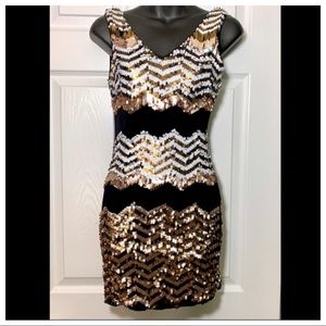 Sequin black and gold chevron pattern dress, XS, body con glitter and glam Party